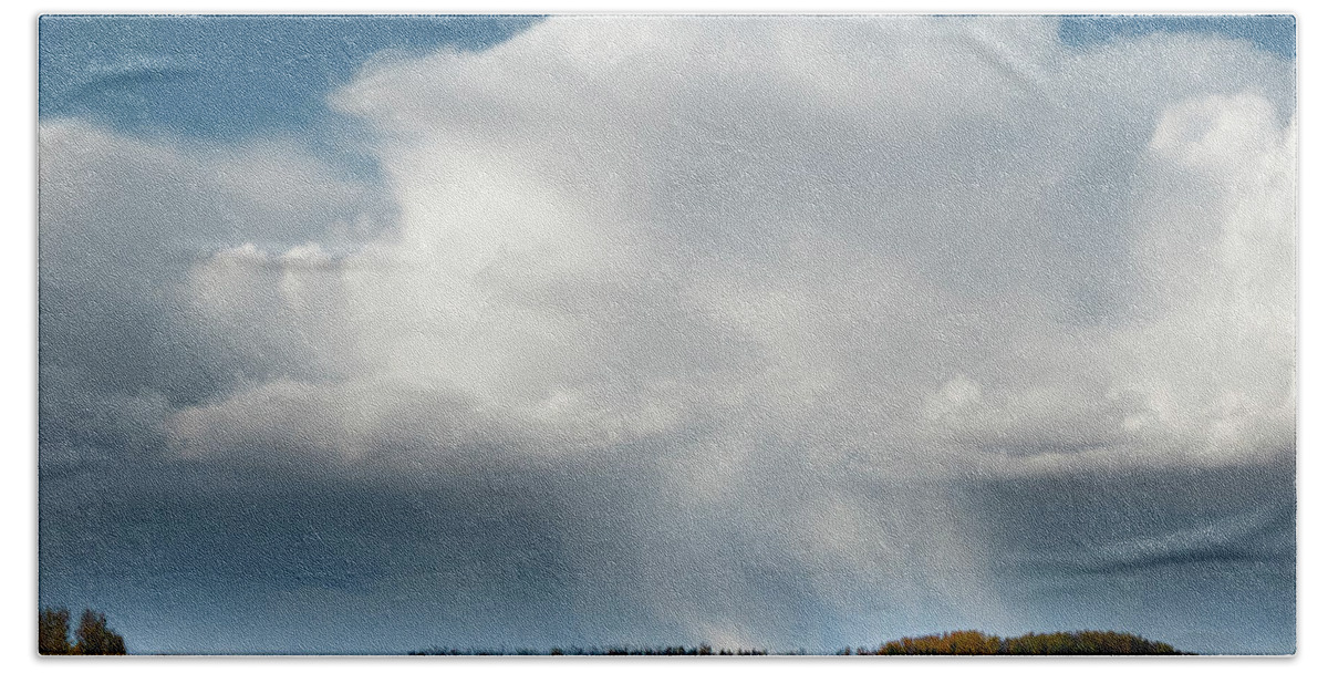 Storm Bath Towel featuring the photograph Alberta prairie storm by Karen Rispin