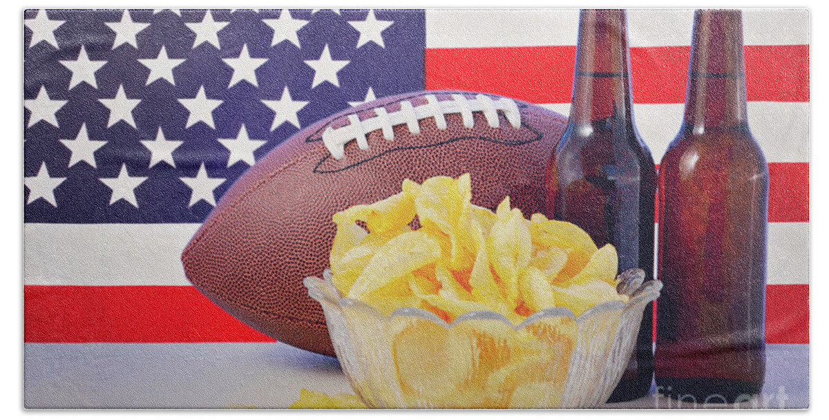 Beer Hand Towel featuring the photograph American football with beer and chips. #1 by Milleflore Images