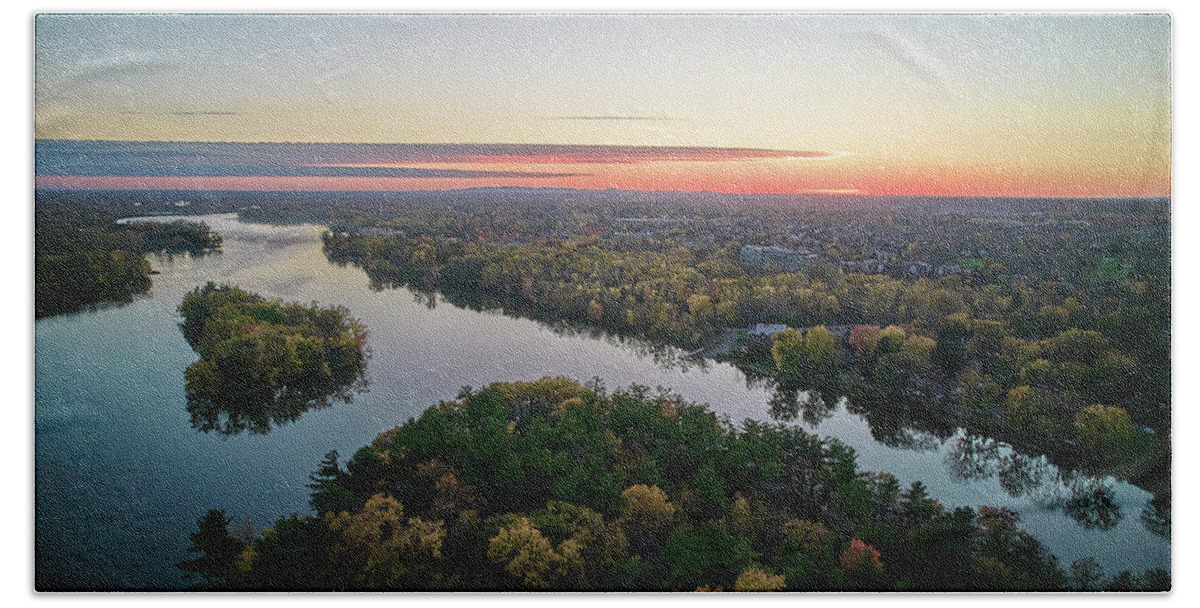 Drone Bath Towel featuring the photograph Areal Sunset on the MilleIles river by Carl Marceau