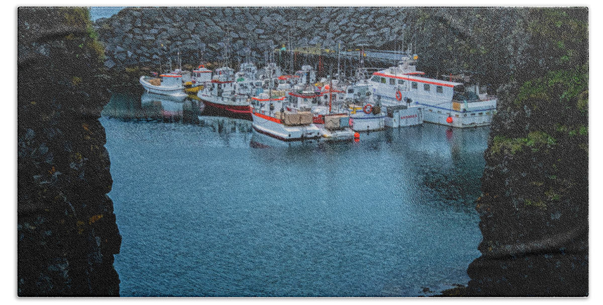 Iceland Bath Towel featuring the photograph Arnarstapi Fishing Boats by Tom Singleton