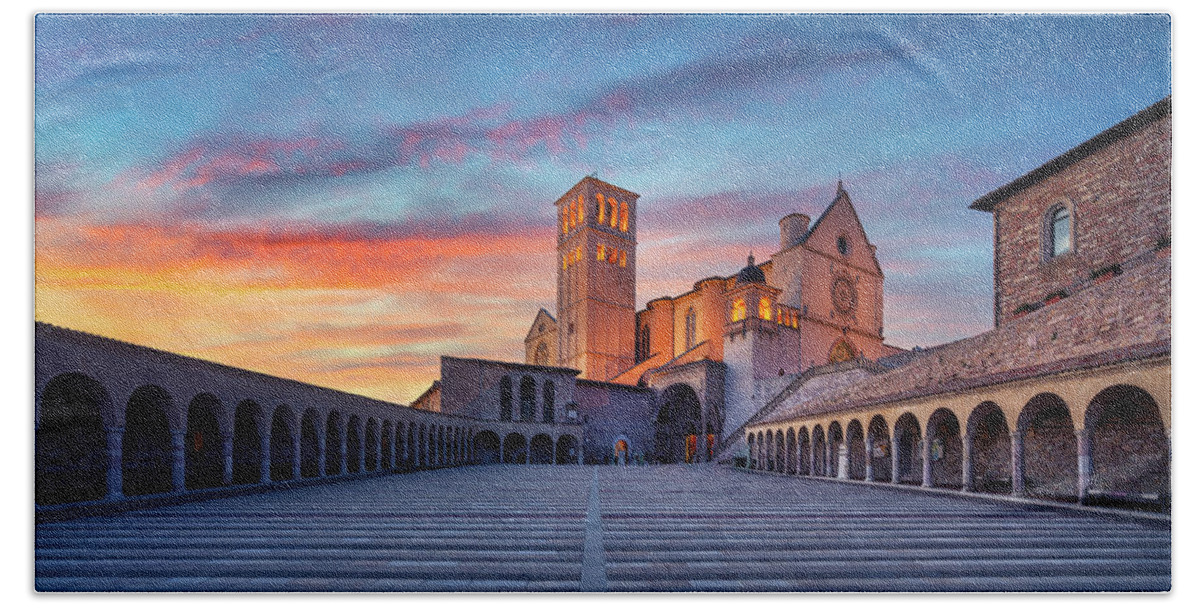 Assisi Bath Towel featuring the photograph Assisi, San Francesco Basilica church at sunset. Umbria, Italy. by Stefano Orazzini