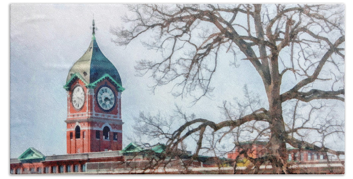 Ayer Mill Hand Towel featuring the photograph Ayer Mill Clock Tower, Lawrence, MA #1 by Betty Denise