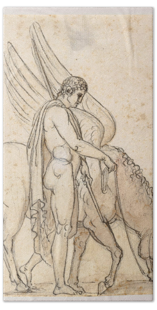 Bertel Thorvaldsen Bath Towel featuring the drawing Bellerophon and Pegasus by Bertel Thorvaldsen
