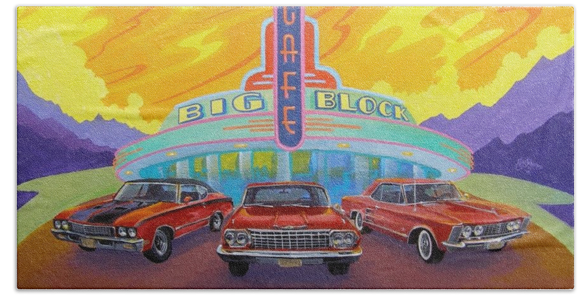 Super Charged Bath Towel featuring the painting Big block cafe #1 by Alan Johnson
