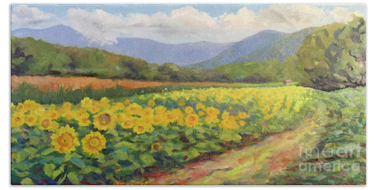 Sunflower Bath Towel featuring the painting Biltmore Sunflowers #1 by Anne Marie Brown