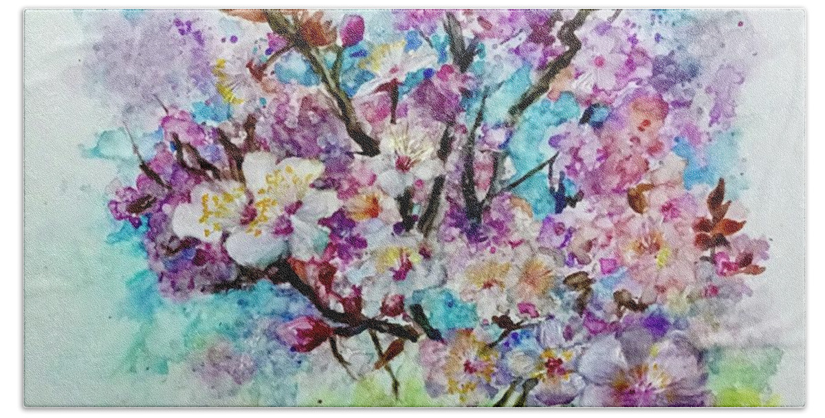 Cherry Hand Towel featuring the painting Blessings in Bloom #1 by Cheryl Wallace