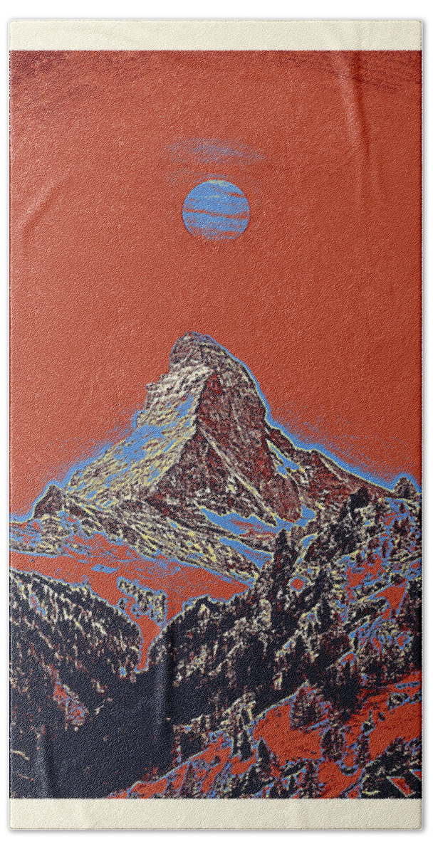 Blood Moon Over Matterhorn Bath Towel featuring the painting Blood Moon over Matterhorn, Zermatt, Switzerland Travel Poster v2 by Ahmet Asar #1 by Celestial Images
