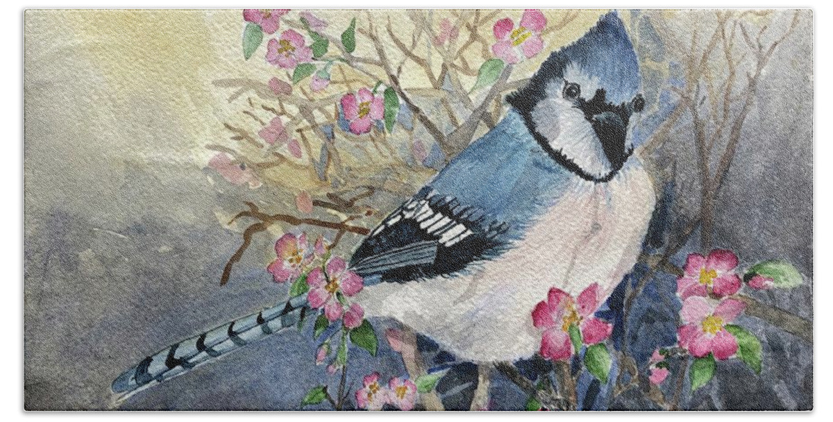 Bluebird Bath Towel featuring the painting Bluebird in Apple Tree #1 by Christine Lathrop