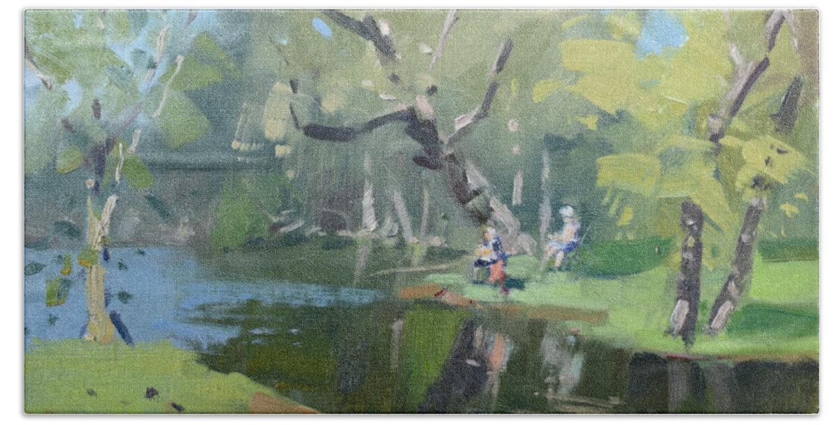 Bond Lake Hand Towel featuring the painting Bond Lake Park by Ylli Haruni