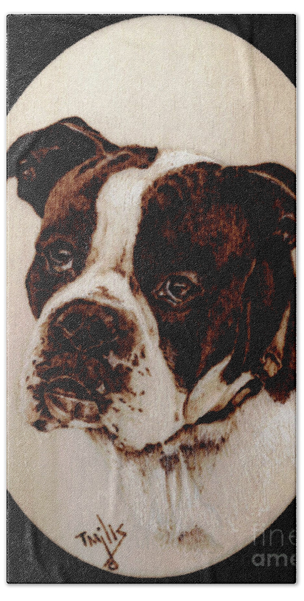 Dog Bath Towel featuring the pyrography Boxer Dog #1 by Terri Mills