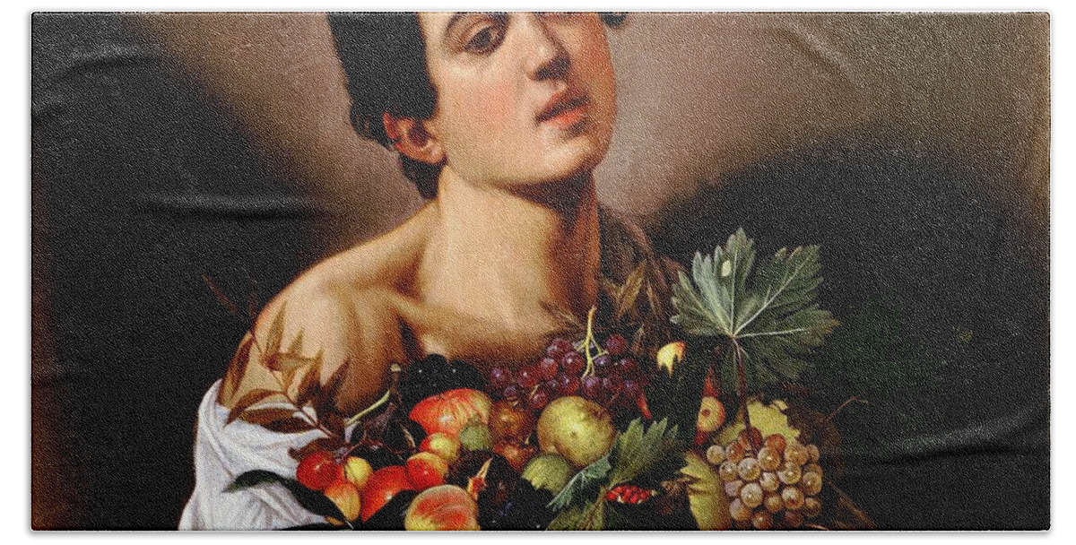 Youn Boy Bath Towel featuring the painting Boy With Basket of Fruit #1 by Caravaggio