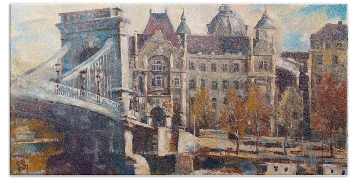 Hand Towel featuring the painting Budapest-Chain bridge #3 by Lorand Sipos