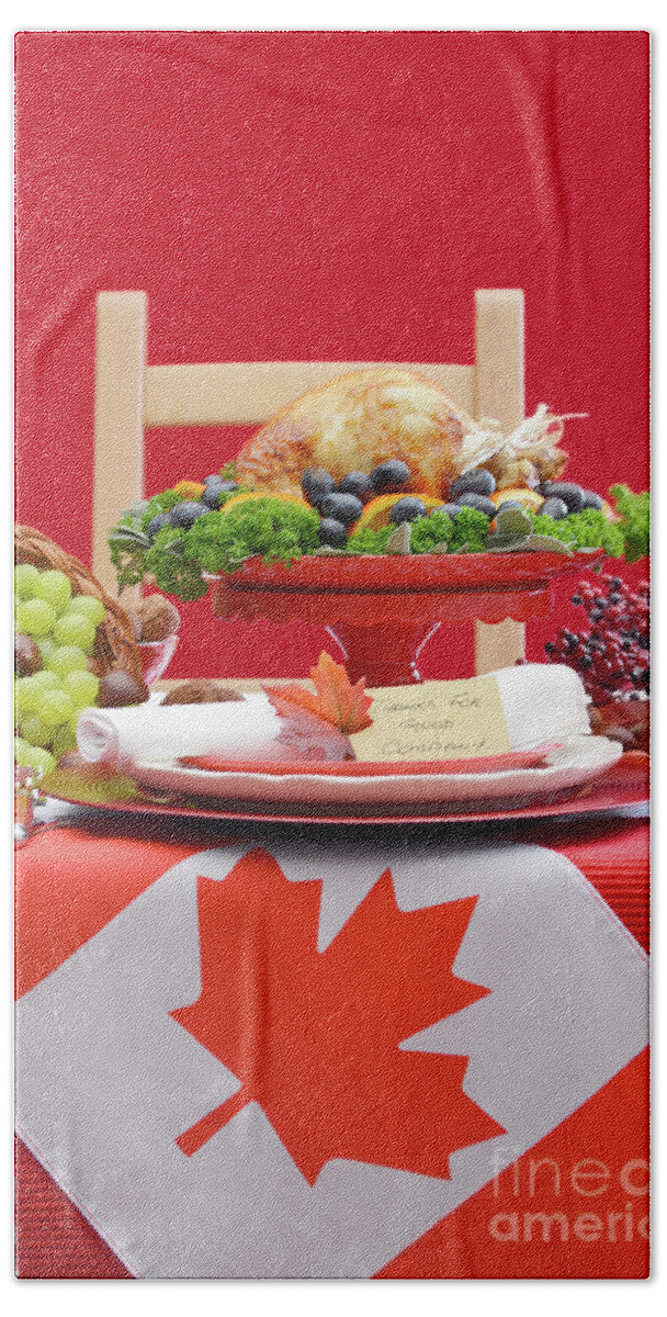Apple Bath Towel featuring the photograph Canadian Christmas or Thanksgiving Table with maple leaf flag.. #1 by Milleflore Images