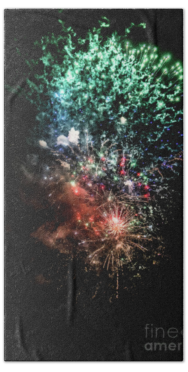 Fireworks Bath Towel featuring the photograph Celebration With Bright Colorful Fireworks Over Black Sky #1 by Andreas Berthold