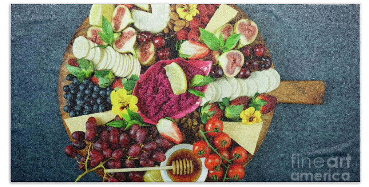 Food Hand Towel featuring the photograph Cheese and fruit charcuterie dessert grazing platter on wooden board. #1 by Milleflore Images