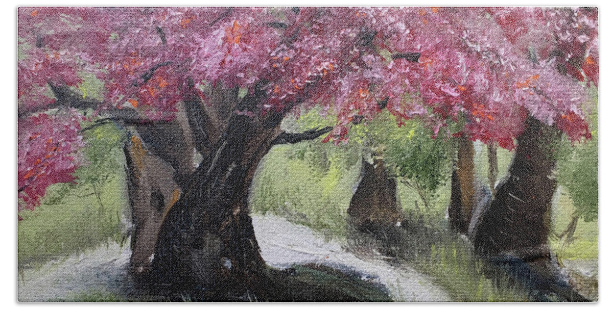 Cherry Blossoms Bath Towel featuring the painting Cherry Blossoms in the Park #1 by Roxy Rich