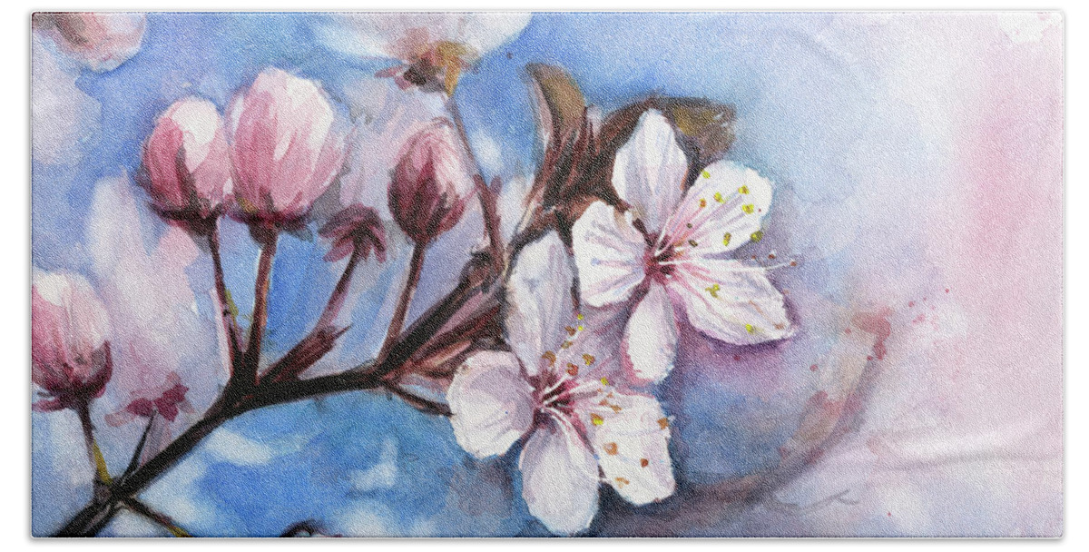 Watercolor Hand Towel featuring the painting Cherry Blossoms by Olga Shvartsur