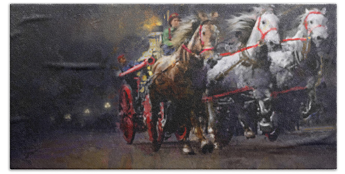 Chicago Bath Towel featuring the mixed media Chicago Firehorses #1 by Glenn Galen