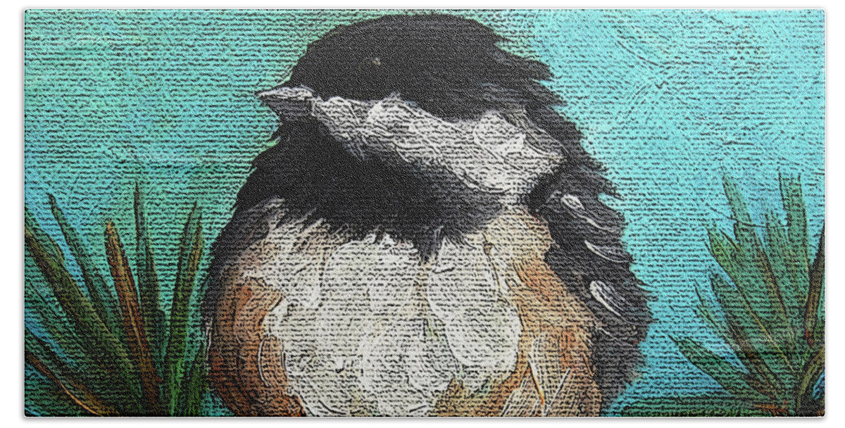 Bird Image Bath Towel featuring the painting 1 Chickadee by Victoria Page
