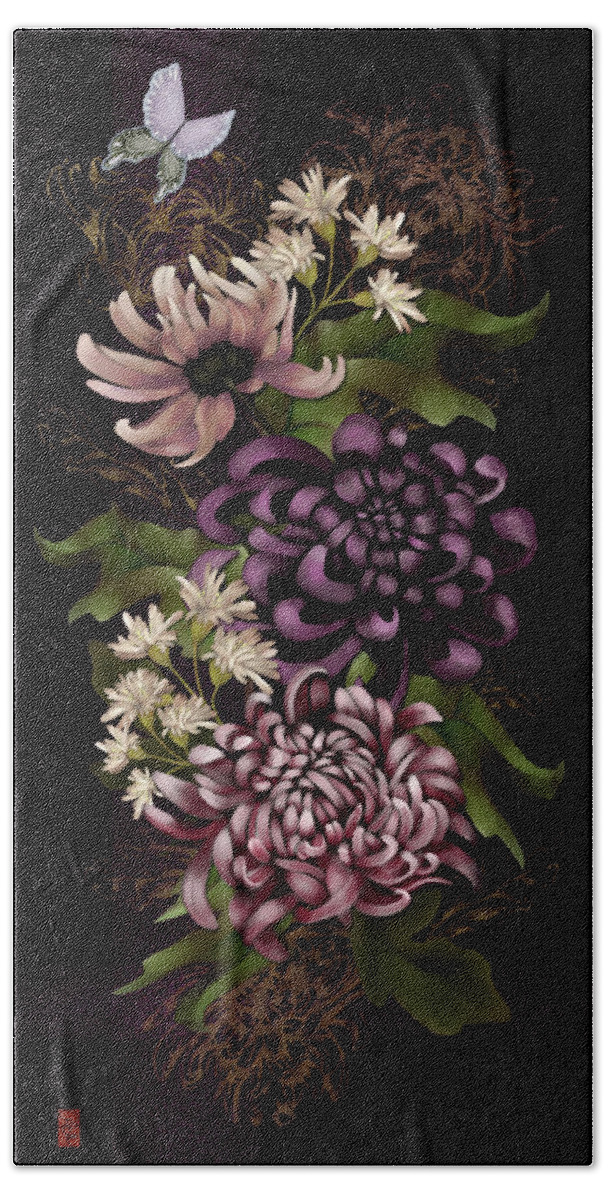 Chinoiserie Hand Towel featuring the digital art Chrysanthemums and Butterfly Modern Chinoiserie dark purple by Sand And Chi