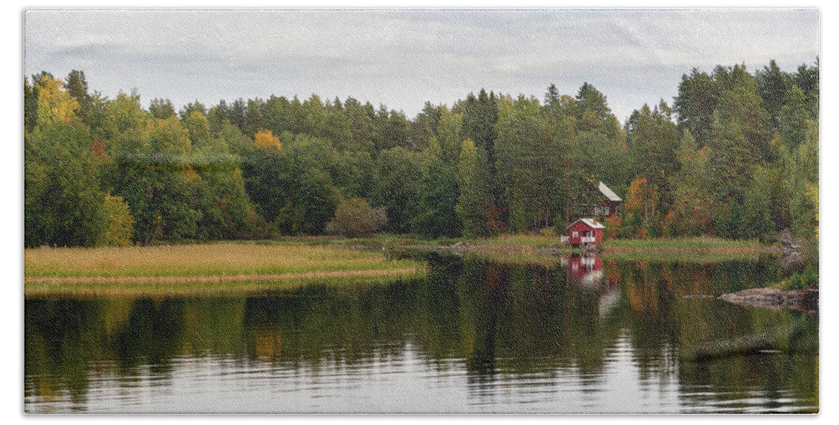 Kuopio Bath Towel featuring the photograph Country house in the forest in the lake. Autumn season Kuopio Finland #1 by Michalakis Ppalis