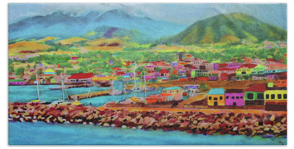 Caribbean Hand Towel featuring the painting Docked in St Kitts by Deborah Boyd