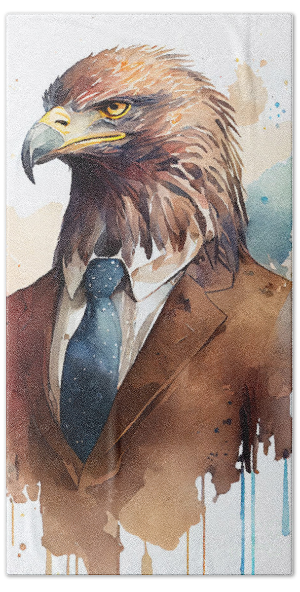 Eagle Hand Towel featuring the painting Eagle in Suit Watercolor Hipster Animal Retro Costume #1 by Jeff Creation