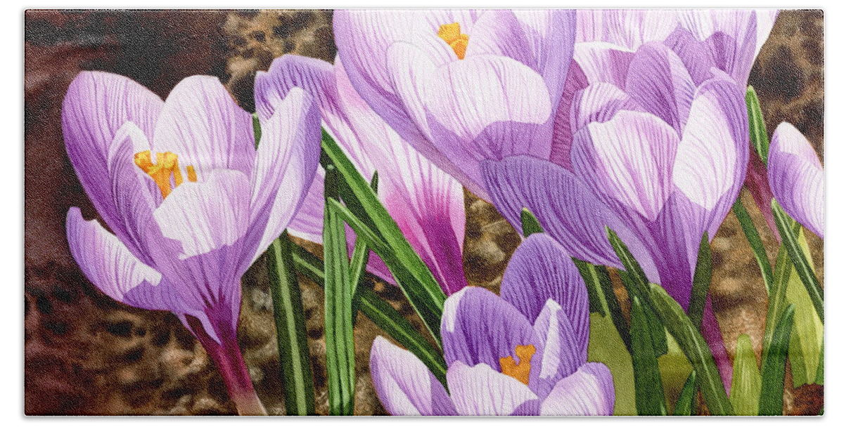 Crocus Bath Towel featuring the painting Early Spring by Espero Art