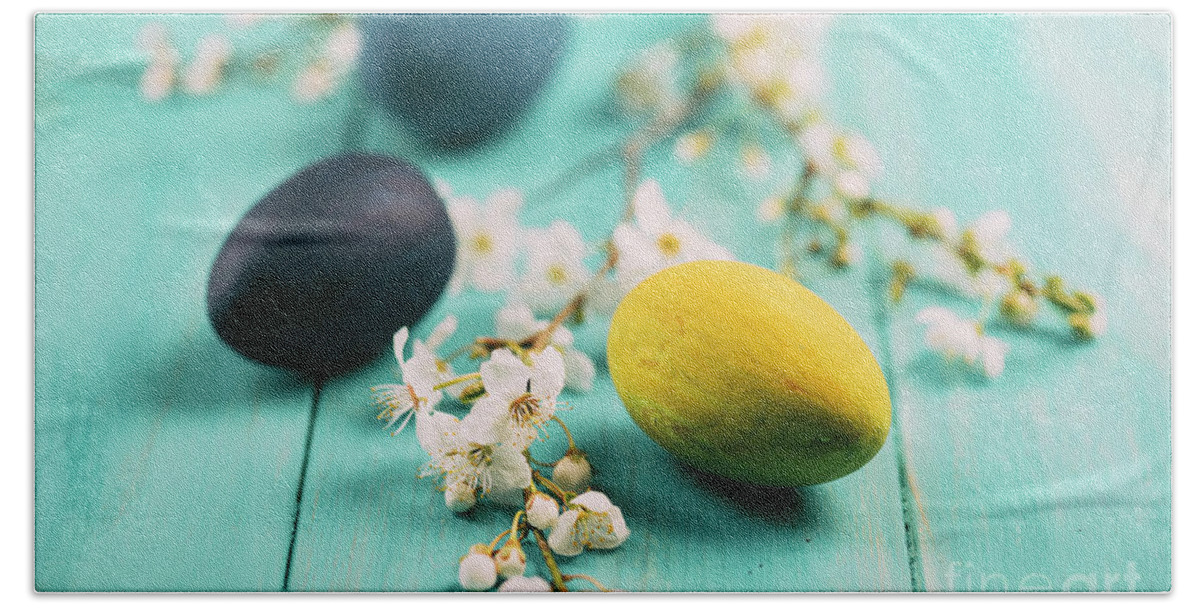 Easter Bath Towel featuring the photograph Easter eggs and spring blossom #1 by Jelena Jovanovic