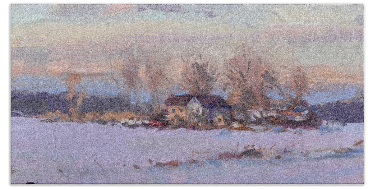 Snow Hand Towel featuring the painting Evening at the Farm by Ylli Haruni