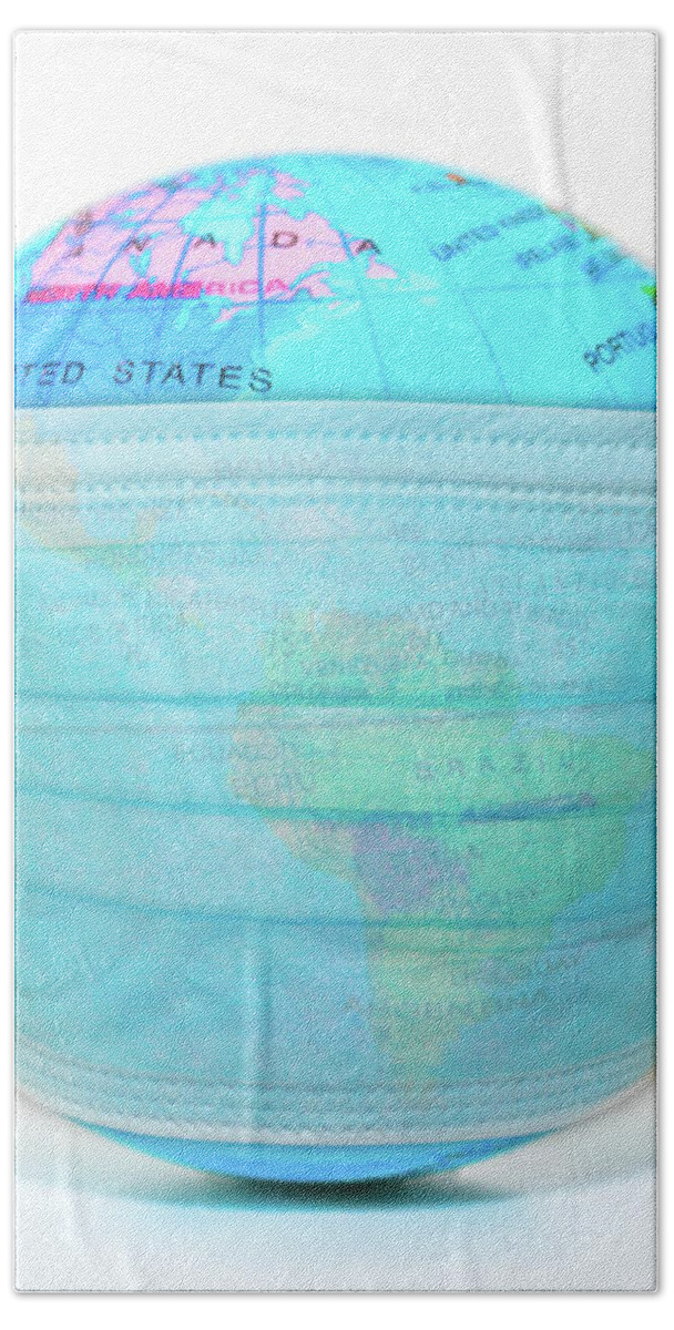 Coronavirus Hand Towel featuring the photograph Face Mask On Sick World Globe #1 by Benny Marty