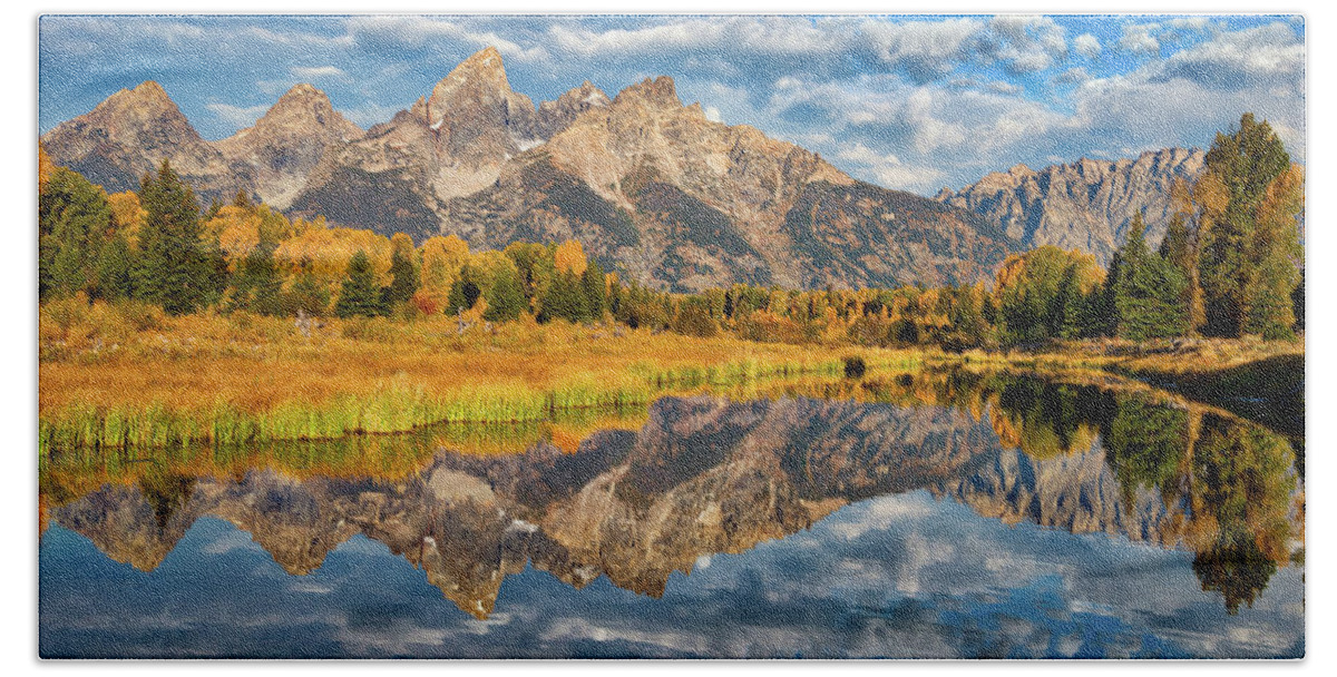 Grand Teton National Park Hand Towel featuring the photograph Fall Reflections in the Tetons by Darren White