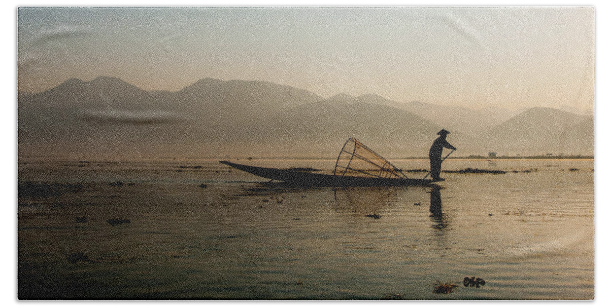 Fisherman Bath Towel featuring the photograph Fisherman at Inle Lake by Arj Munoz