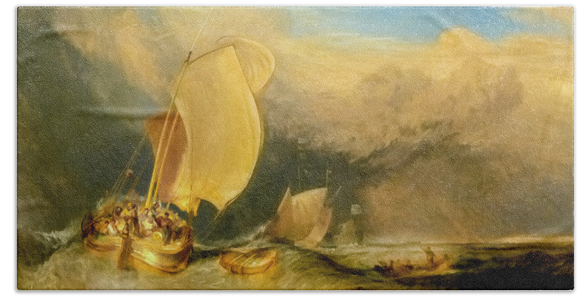 Fishing Boats Hand Towel featuring the photograph Fishing Boats by Joseph Mallord William Turner by Carlos Diaz