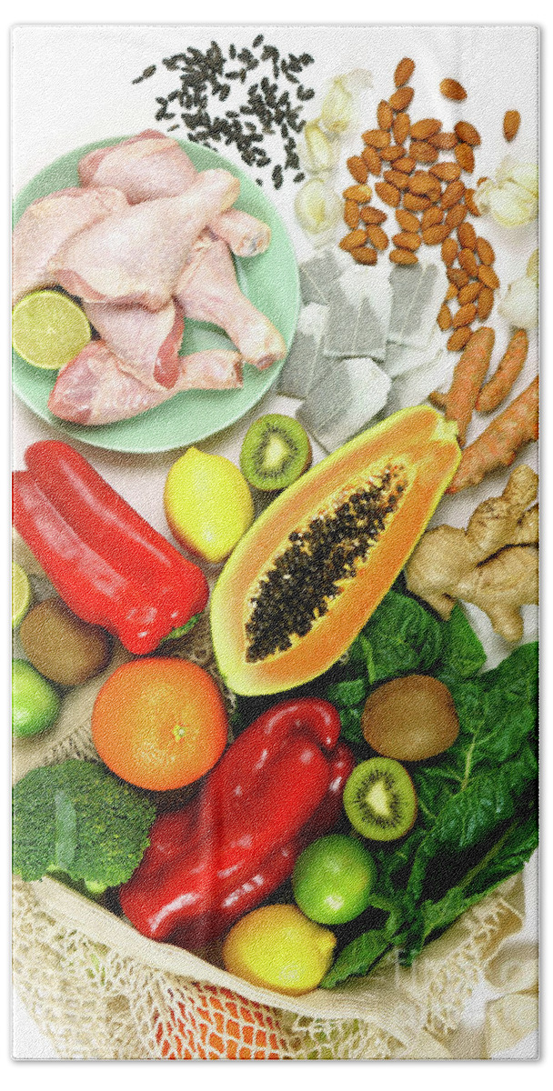 Food Bath Towel featuring the photograph Foods that boost the Immune System including fruit, vegetables and poultry. #1 by Milleflore Images