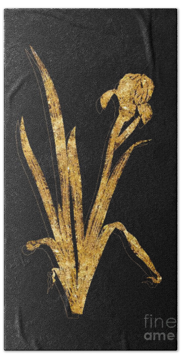 Vintage Bath Towel featuring the mixed media Gold Crimean Iris Botanical Illustration on Black #1 by Holy Rock Design