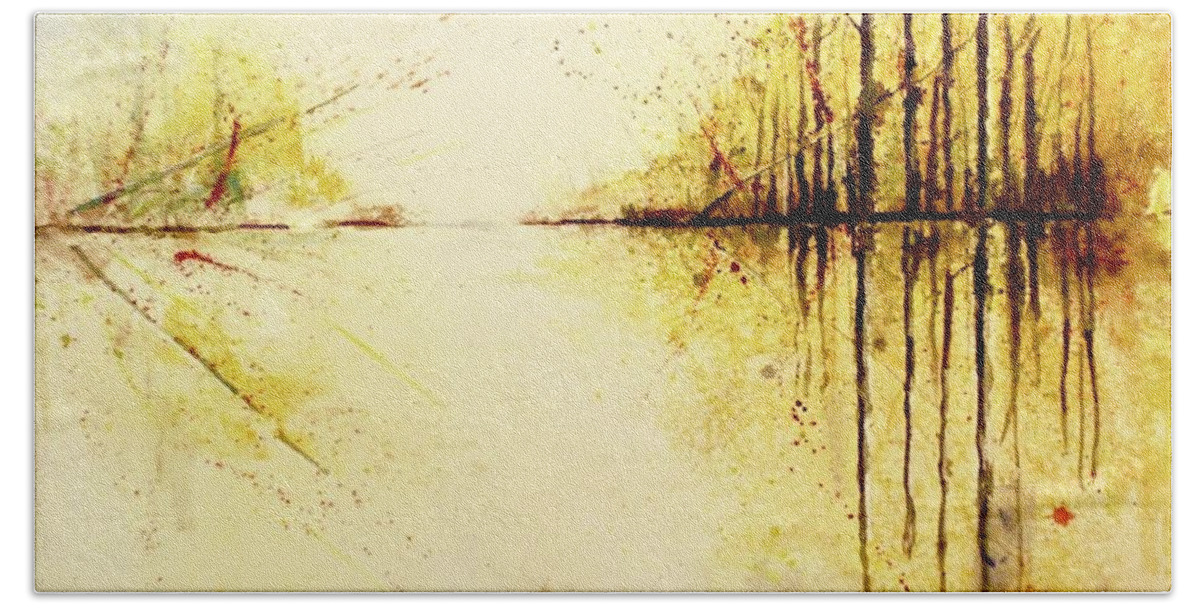 Yellow Bath Towel featuring the painting Golden Lagoon #1 by John Glass