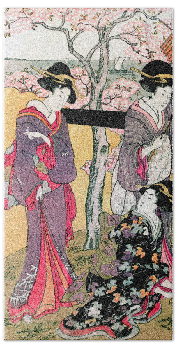 Garden Hand Towel featuring the painting Gotenyama no Hanami Hidari #1 by Utamaro Kitagawa