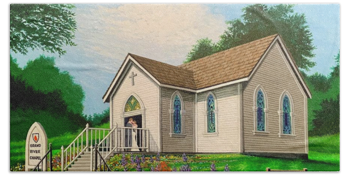 Architectural Landscape Bath Towel featuring the painting Grand River Chapel #1 by George Lightfoot