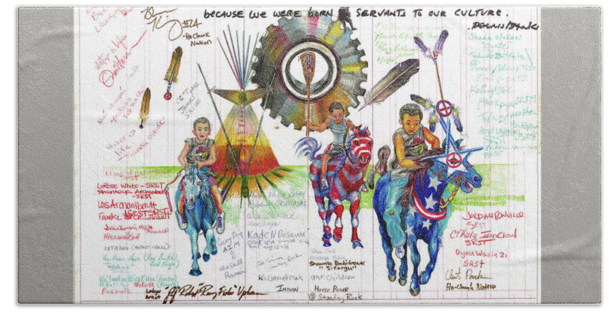 Ledger Art Bath Towel featuring the drawing Indian Horse Power #2 by Robert Running Fisher Upham