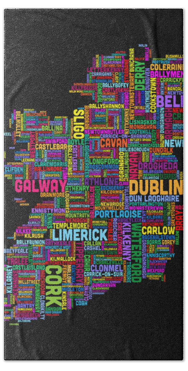 Ireland Map Hand Towel featuring the digital art Ireland Eire City Text Map Derry Version #1 by Michael Tompsett
