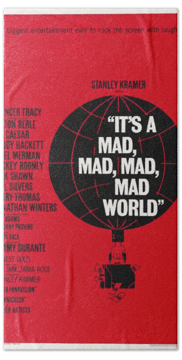 Synopsis Hand Towel featuring the mixed media ''It's a Mad, Mad, Mad, Mad World'', 1963 by Movie World Posters