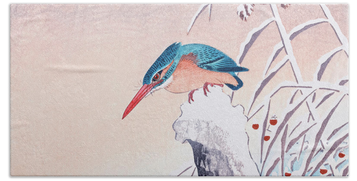 Ohara Koson Hand Towel featuring the drawing Kingfisher in the snow by Ohara Koson by Mango Art
