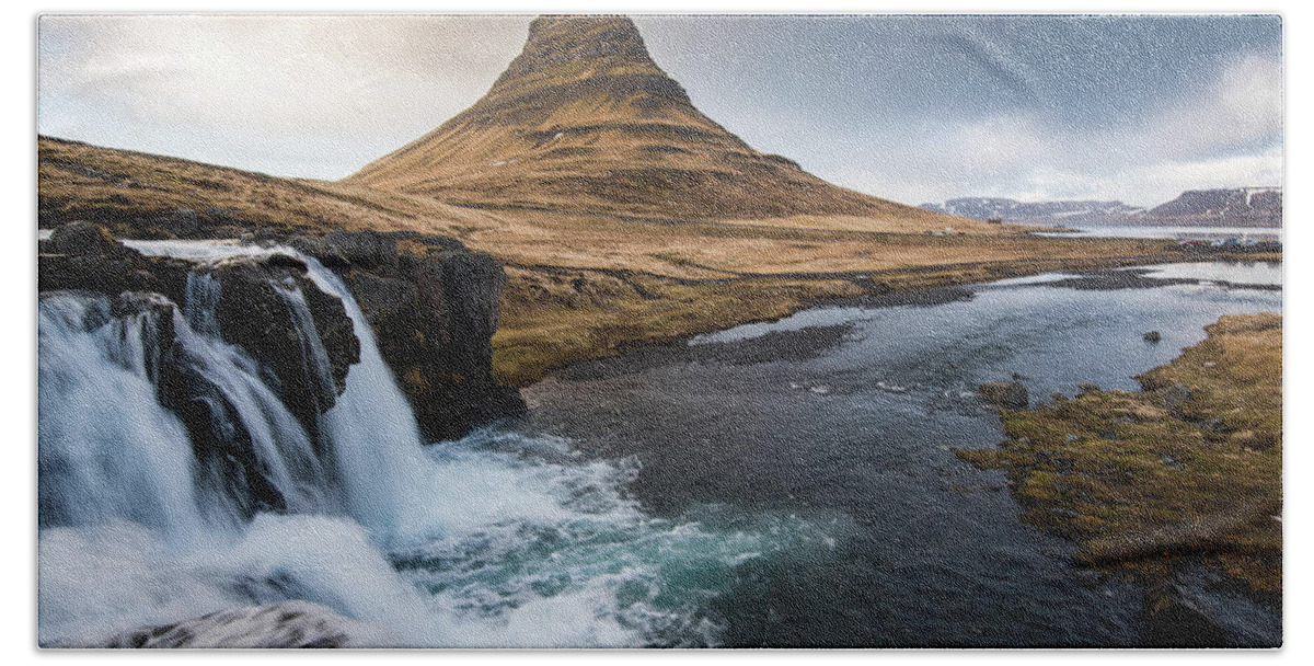 Iceland Bath Towel featuring the photograph Kirkjufell mountain and the kirkjufellfoss waterfall in Iceland #2 by Michalakis Ppalis