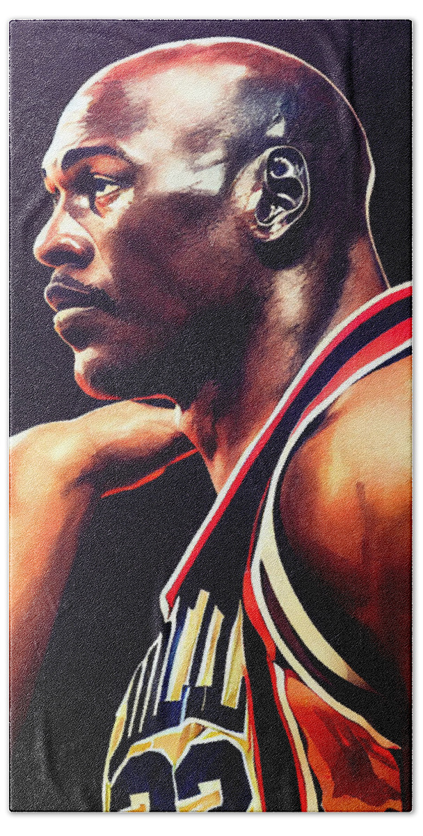 Michael Jordan Portrait Profile Looking To The Décor Bath Towel featuring the painting Michael Jordan portrait Profile looking to the  c043b36455636456455633 2d25 6455cd 043645 #1 by Celestial Images