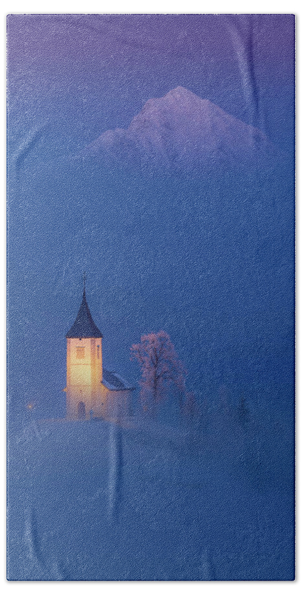 Landscape Europe Slovenia Alps Winter Church Mountains Snow Dusk Mists Fog Venus Belt Tree Hand Towel featuring the photograph Misty church by Piotr Skrzypiec