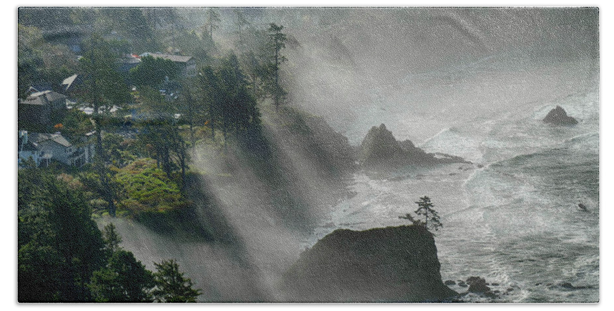 Cape Bath Towel featuring the photograph Misty morning headlands with slanting shafts of light #1 by Steve Estvanik