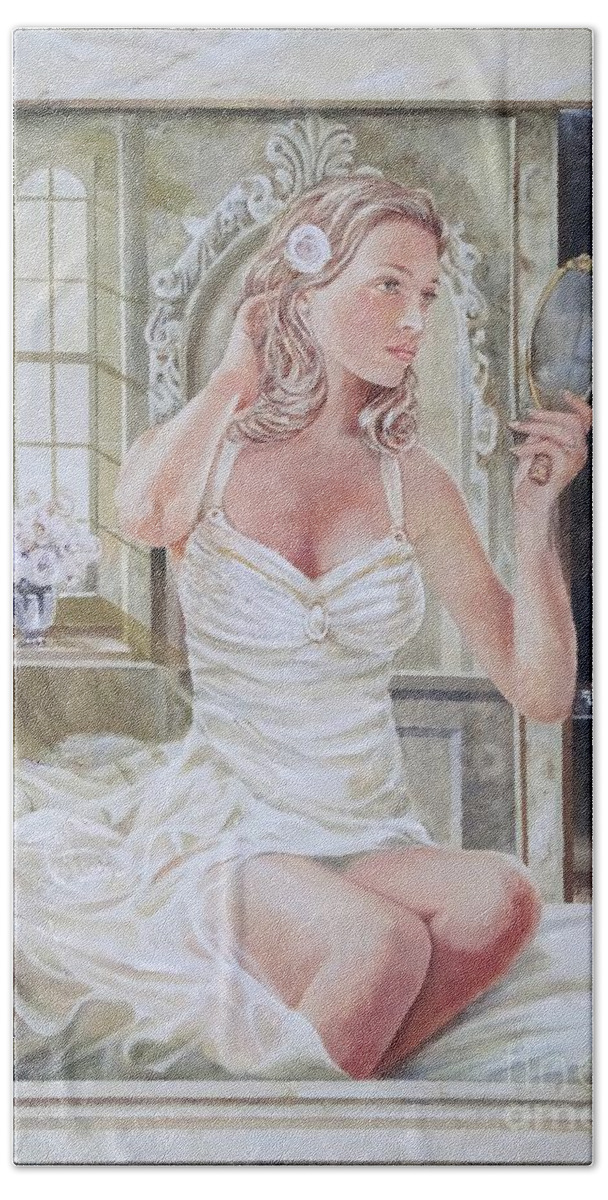 Original Painting On Linen Bath Towel featuring the painting Morning Beauty #2 by Sinisa Saratlic