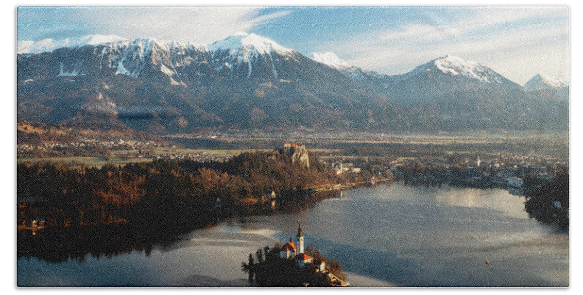 Bled Bath Towel featuring the photograph Morning over Lake Bled from Mala Osojnica #1 by Ian Middleton
