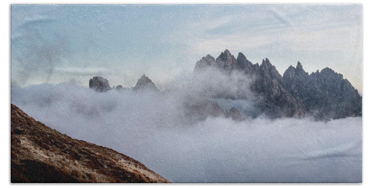 Italian Alps Bath Towel featuring the photograph Mountain landscape with fog in autumn. Tre Cime dolomiti Italy. by Michalakis Ppalis